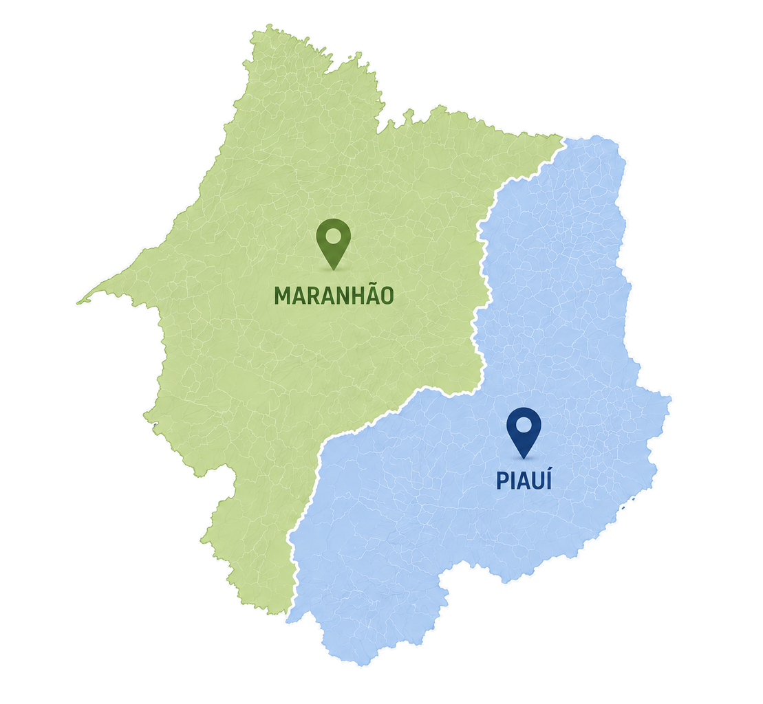 Mapa de atuação da J.O.S Engenharia nos estados do Maranhão e Piauí